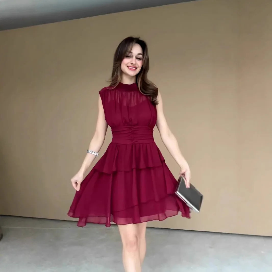 LIZAKOSHT  -  2026 Spring New Pure Desire Wind Coffee Break French Round Neck Waist Elegant Dress