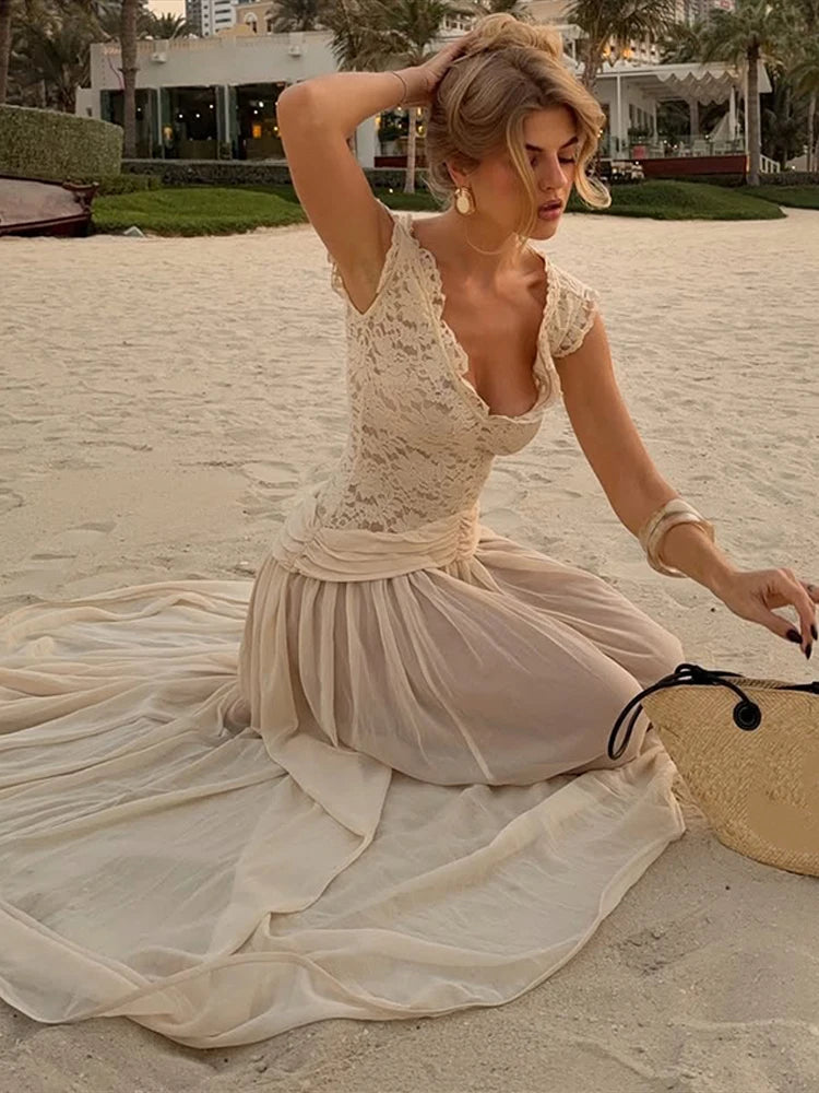 LIZAKOSHT  -  Women's Dresses Elegant Long Dresses Evening Dress Off-Shoulder Sheer V-Neck Lace Maxi Dress Formal Gown Woman Clothes Outerwear