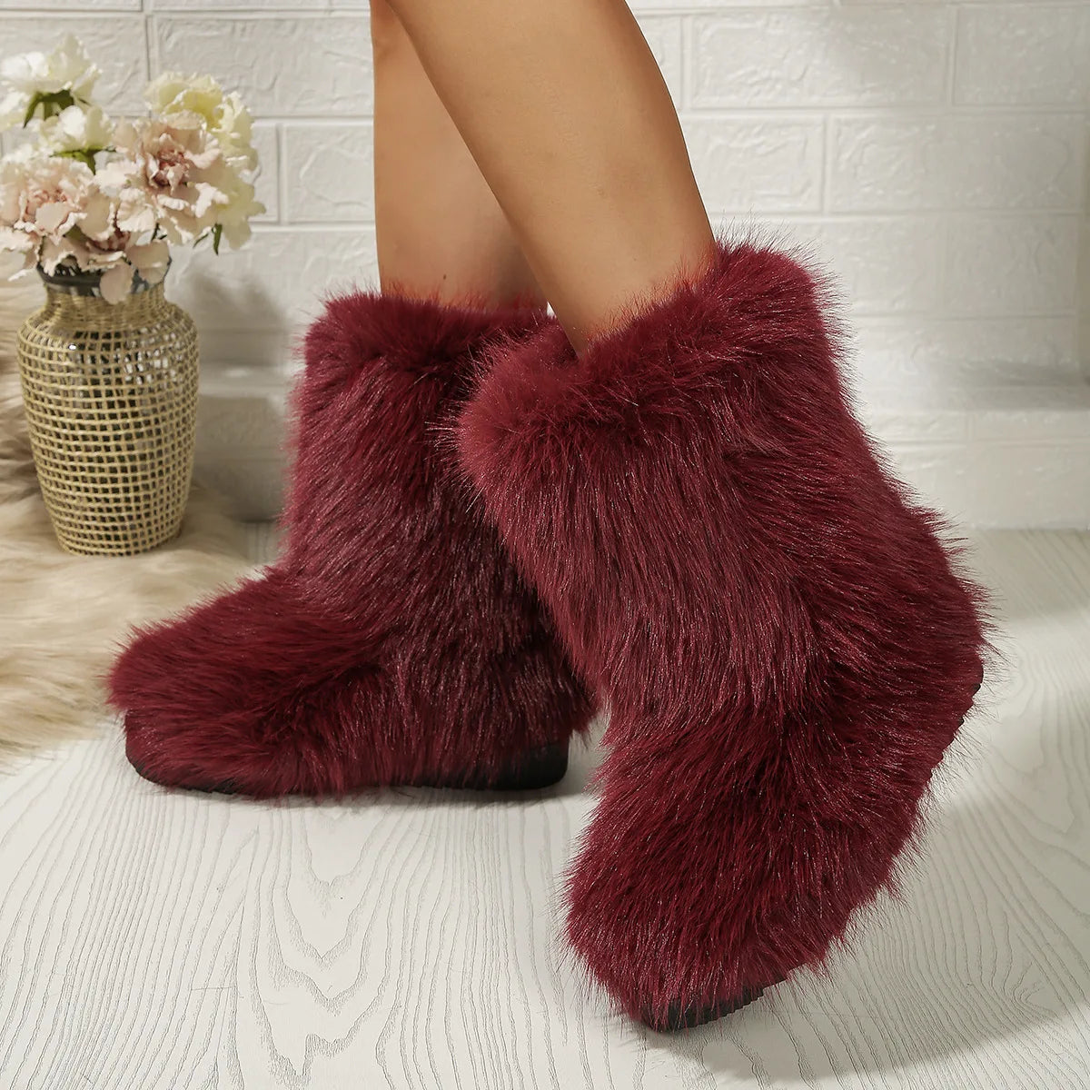 LIZAKOSHT  -  Women's Winter Snow Boots Outdoor Luxury Furry Faux Fox Fur Mid-calf Boots Woman Fashion Plush Warm Platform Shoes Plus Size 44