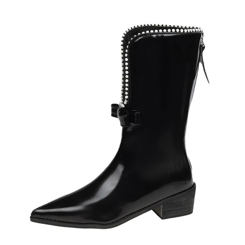 LIZAKOSHT  -  Autumn Women Designer Bowknot Front Opening Mid-calf Boots Fashion Pointed Toe Ladies Short Boot Square Low Heel Casual Boots
