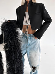 LIZAKOSHT  -  Woman Clothing Solid Black Short Blazers 2025 Autumn Office Lady Long Sleeve Cropped Tops Female Slim Outerwears Coats