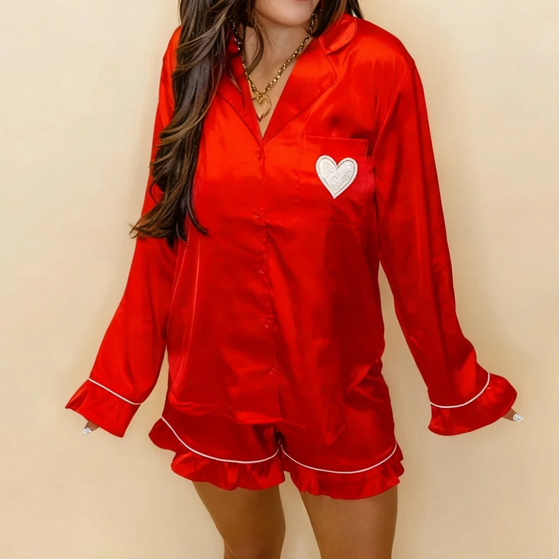 LIZAKOSHT  -  Womens Pajama Sets Cute Heart Print Long Sleeve Button Down Shirt With Long Pants 2 Piece Holiday Loungewear