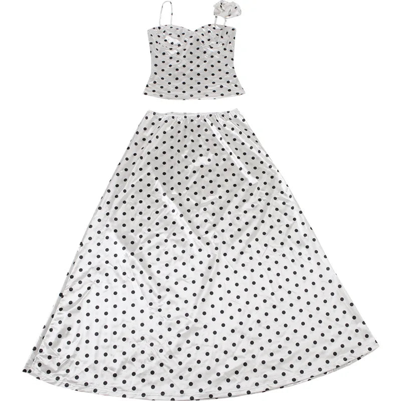 LIZAKOSHT  -  Summer Weird Puss Polka Dot Print 2 Piece Set Woman 3d Flower Decoration Low-Neck Backless Camisole+Long Skirts Ruched Set