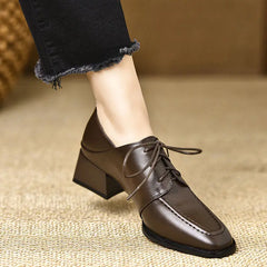 LIZAKOSHT  -  Women's Shoes New Spring/Autumn Retro Square Toe Deep Mouth Soft Leather Thick Heel Lace-up High Heels Ladys Single Shoes