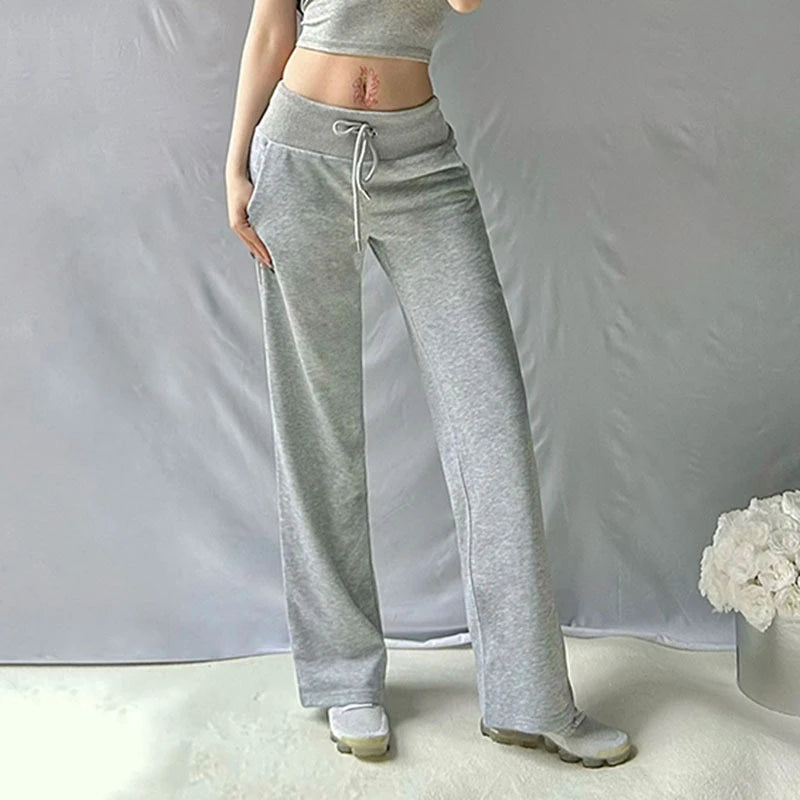 LIZAKOSHT  -  Simple Leisure Gray Elastic Drawstring Pockets Patchwork Straight Sweatpants New Comfort Fashion Street Sporty Bottoms