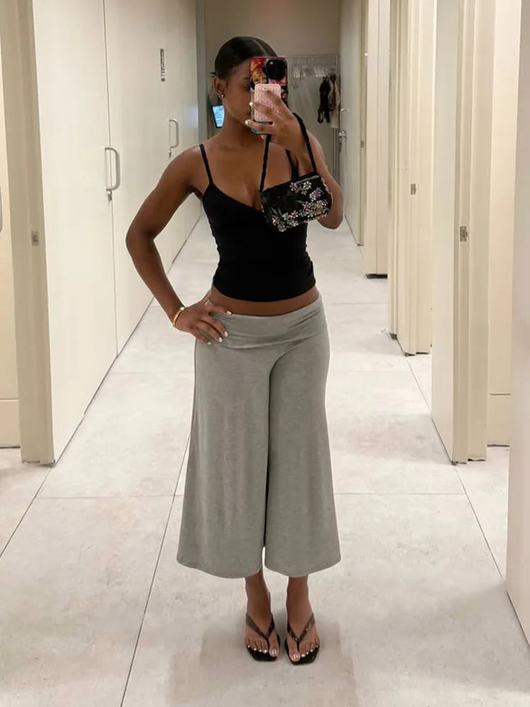 LIZAKOSHT  -  Solid Fold-Over Waist Culotte Lounge Pants High Waist Wide Leg Knit Summer Minimalist Women Chic Y2K Neutral Tone Trousers