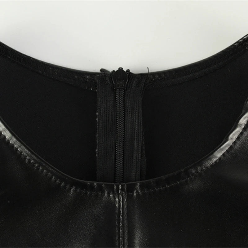 LIZAKOSHT  -  Pu Leather O Neck Sleeveless Black Y2k Hipster Club Short Dress Women Slim Fit Sexy Streetwear Zip Up Vestidos Clothing