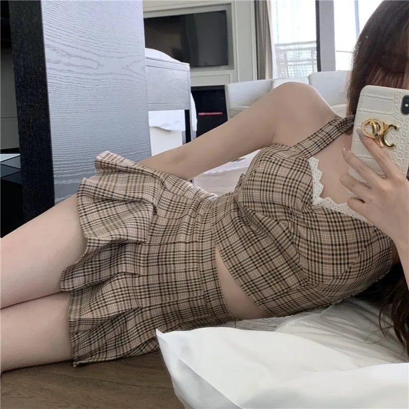 LIZAKOSHT  -  Sexy Skirt Set Women's Summer Plaid Halter Neck Tank Top High Waist Pleated Skirt Two-piece Set Fashion Female Clothes