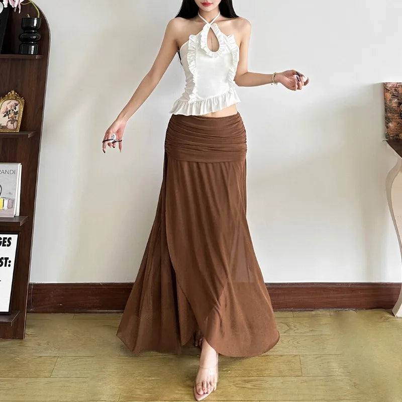 LIZAKOSHT  -  Fashion Elegant 2-Piece Set Women Cross Halter Hollow Ruffles Irregular Hem Vests+Folds Mesh Long Skirt Vacation Matching Suits