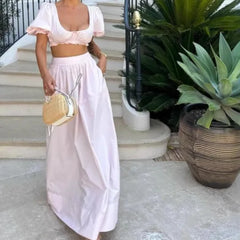 LIZAKOSHT  -  Summer French Elegant Short Sleeve Slim Waist 2 Pieces Long High Waist Skirt Suit Korean Fashion Casual 2 Piece Set