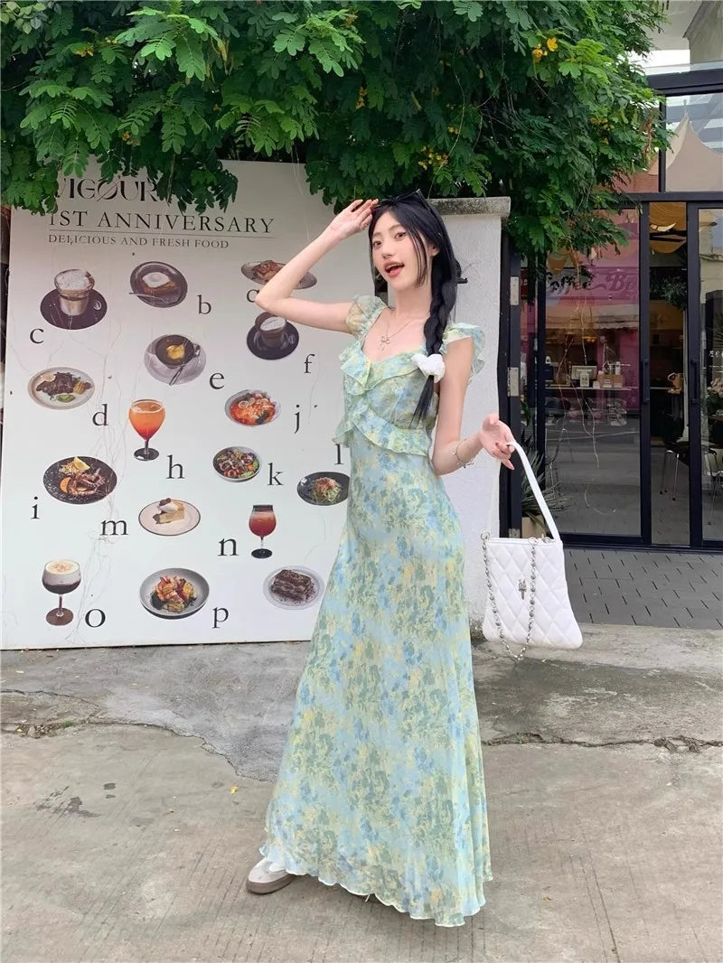 LIZAKOSHT  -  Women's French Style Floral Spaghetti Strap Maxi Dress Beach Vacation Dress