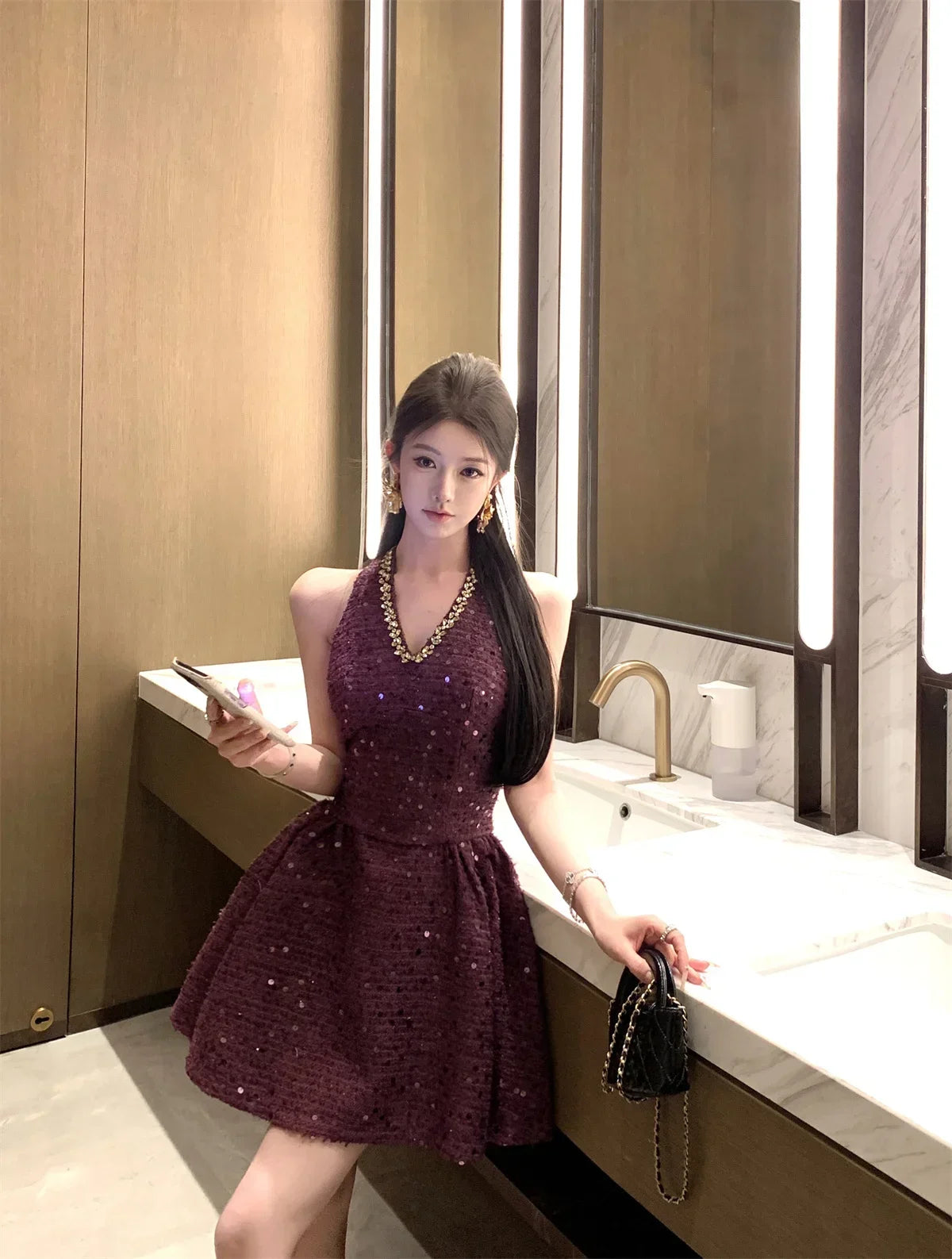 LIZAKOSHT  -  Korean Sweet Tweed Short Dresses For Women 2025 Spring Fashion Luxury Sequins Hotsweet Backless Sexy Party Dress Vestidos Cortos