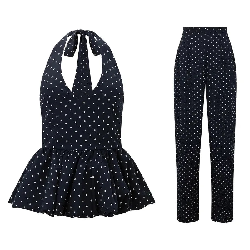 LIZAKOSHT  -  Polka Dot Printed Trousers Set 2026 Spring and Summer Spice Girl Temperament Neck Sling Wide Leg Trousers Set