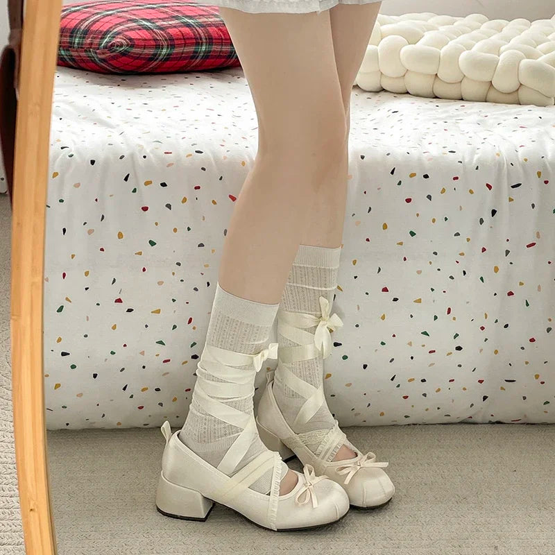 LIZAKOSHT  -  Lace Cross Strap Women Mary Jane Shoes Fashion Sweet Butterfly-knot Thick Heel Shoes Spring Autumn Ladies Elegant Dress Pumps