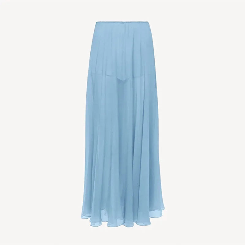 LIZAKOSHT  -  Casual Ruffle Turtleneck Shirt Skirt Women Set Solid Full Sleeve Hallow Out Top See Through Pleated Long Skirts 2025 Lady Suit