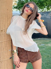 LIZAKOSHT -  Women Clothes Hollow Out Backless Blouses Summer O-neck Bandage White Tops Female Holiday Beach Cover-ups Streetwear