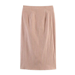 LIZAKOSHT  -  Spring Summer Vintage Orange Apricot Stripes Print Midi Long Skirt Women Front Ruched Side Zipper Low Waist Skirts Femme Sakers