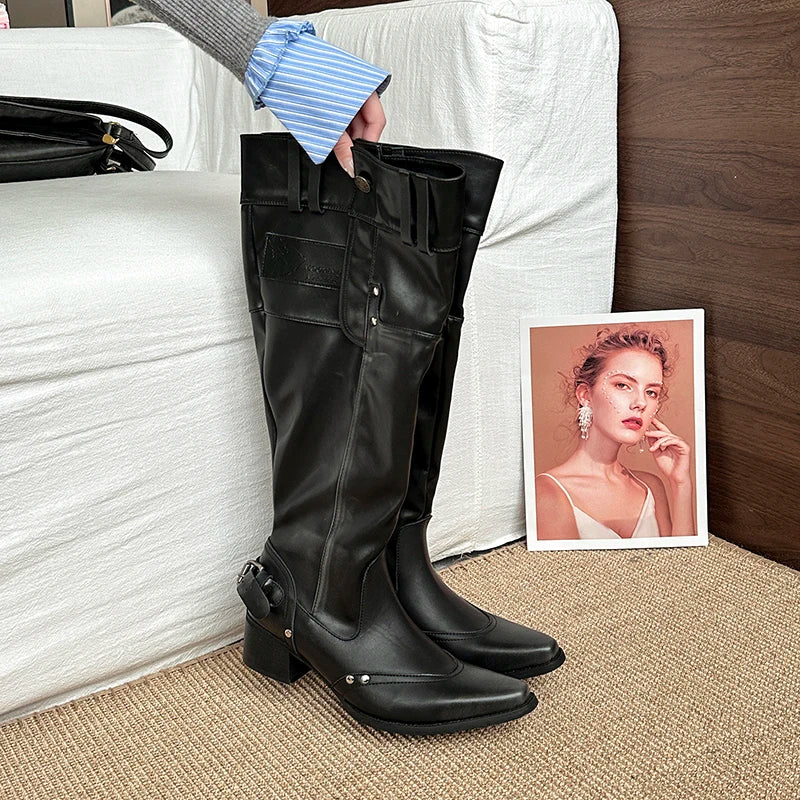 LIZAKOSHT  -  Vintage Rivet Hottie Women Knee-High Boots Fashion Belt Buckle Female Pleated Knight Long Booties Shoes