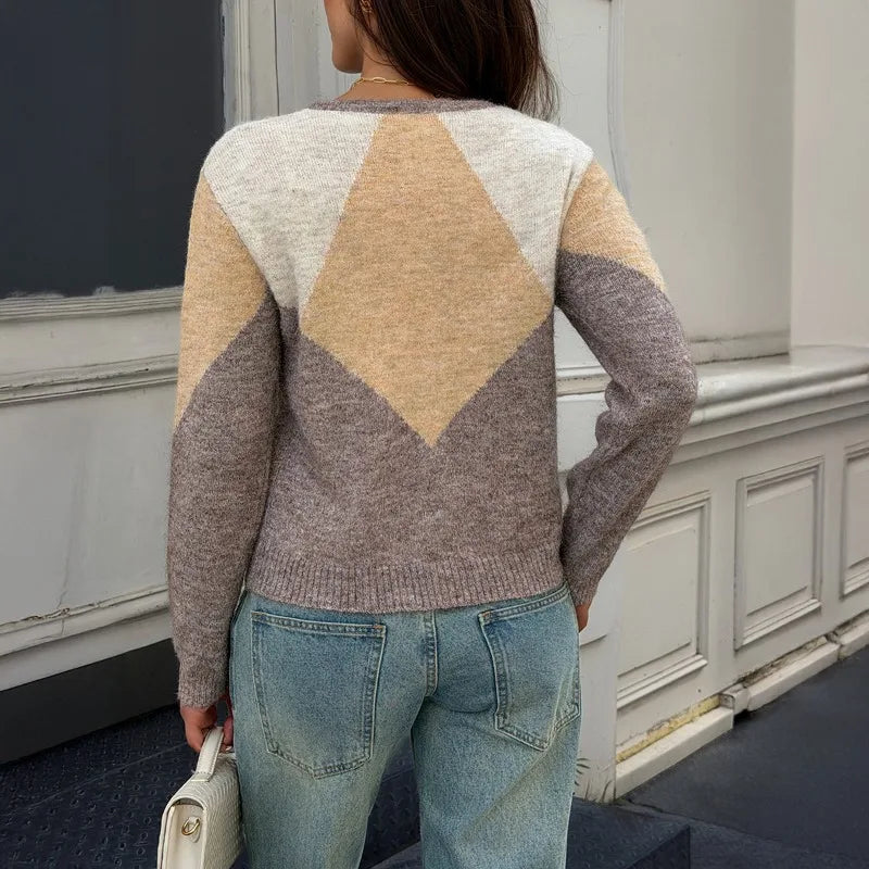  LIZAKOSHT  -  Women Round Neck Argyle Color Block Knit Cardigan Long Sleeve Button Front Cropped Sweater Casual Outerwear