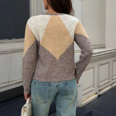  LIZAKOSHT  -  Women Round Neck Argyle Color Block Knit Cardigan Long Sleeve Button Front Cropped Sweater Casual Outerwear