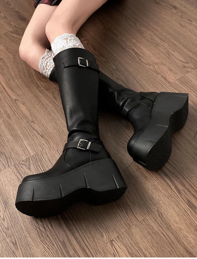 LIZAKOSHT  -  Platform Wedges Heel Women High Boots Fashion Belt Buckle Slim Long Booties Autumn Winter Women's Knight Botas Altas