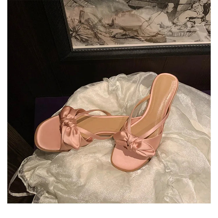 LIZAKOSHT  -  Luxury Silk Slippers Women Butterflyknot Slides Shoes Summer Ladies Low Heels Flat Sandals Femmes Evening Party Flip Flops