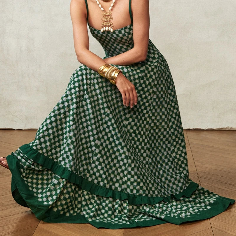 LIZAKOSHT  -  Boho Beach Vintage Plaid A-line Dress Checkerboard Print Ruffles Trim Flowy Dress Women Spaghetti Strap Maxi Dress