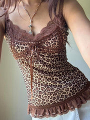 LIZAKOSHT  -  Sexy Leopard Print Patchwork Lace Vest Sleeveless Streetwear Aesthetic Camis Harajuku Slim 2000s Tops Grunge Fairycore