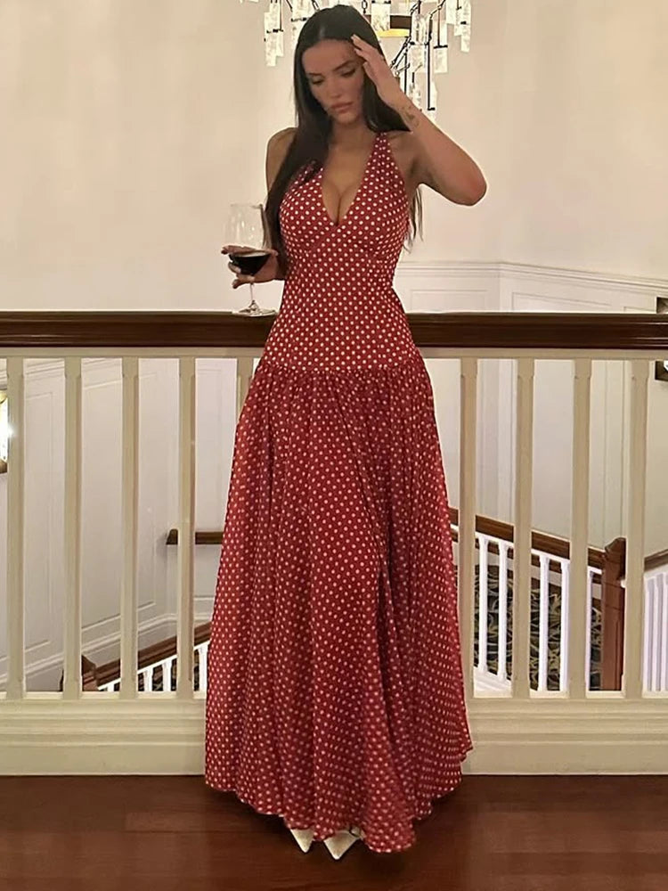 LIZAKOSHT  -  Modern Hipster Women Maxi Dress Elegant Point Print Halter V-neck Backless Bodycon Female High Street Festival Vestidos
