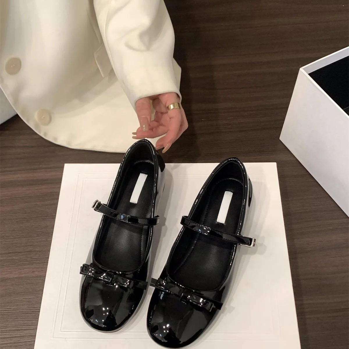 LIZAKOSHT  -  women bouble bowtie flats japanned leather ballerina shoes height increasing bowknot ankle strap loafers women slip on wedges