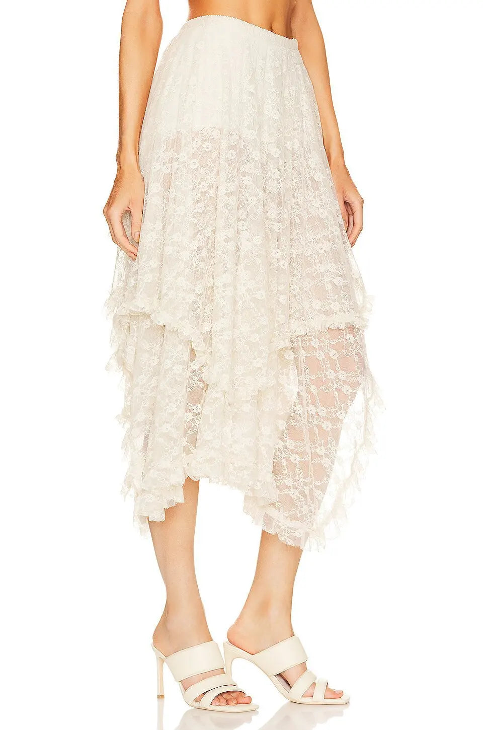 LIZAKOSHT  -  Black White Sexy Asymmetrical Hem Ruffle High Waist Lace Skirt Summer Women A-Line Midi Long Skirt