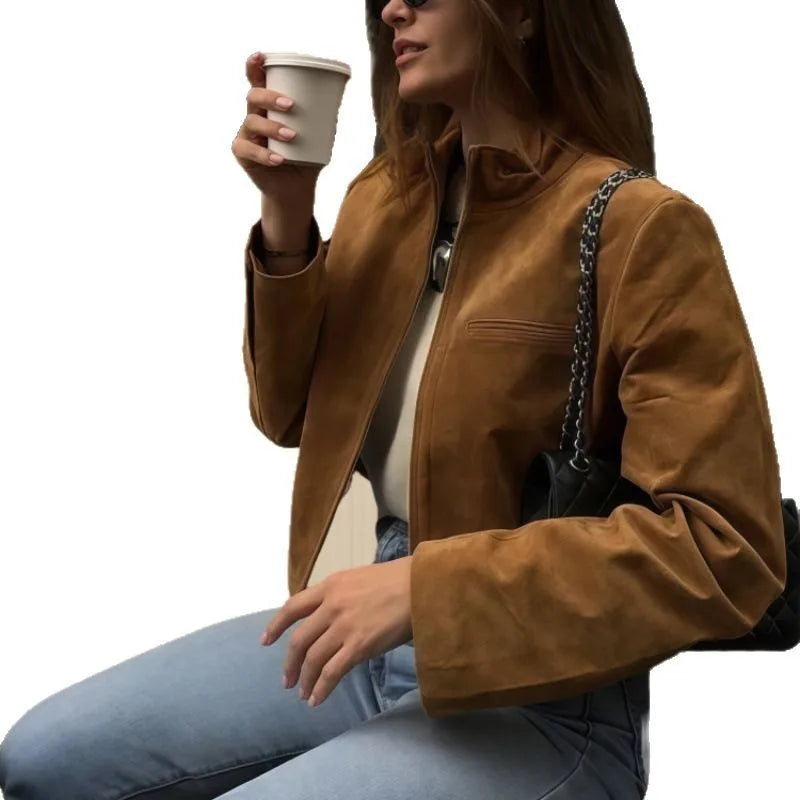LIZAKOSHT  -  Street Fashion Slim Women's Short Suede Jackets Stand Collar Zipper Full Sleeve Female Coats 2025 Spring Lady Y2k Outwear New