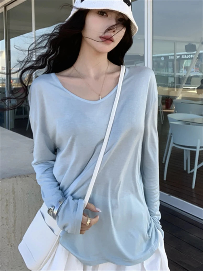 LIZAKOSHT  -  Minimalist T-Shirts Women V-Neck Chic All Match Summer Full Sleeve Loose New 2024 Casual Daily Sunscreen Tees