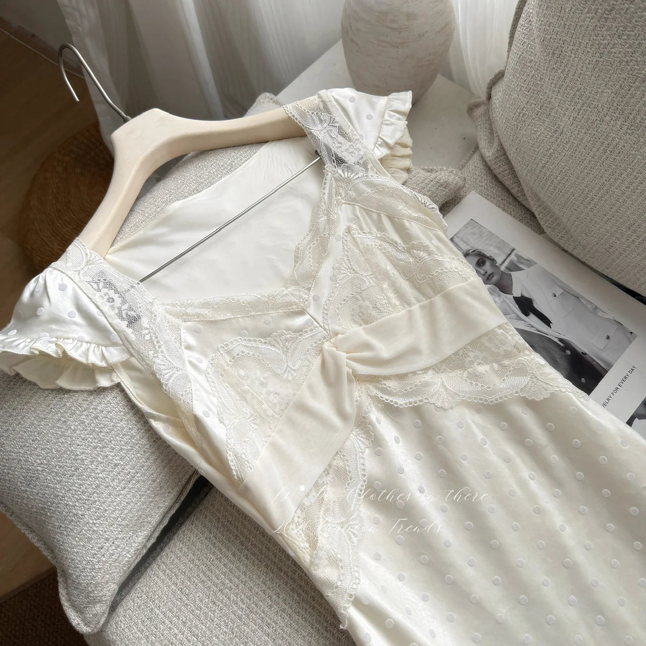 LIZAKOSHT  -  French Vintage Cream White Satin Polka Dot Lace Ruffle Cap Sleeves V Neck Waist Cinched Maxi Dress Women Girls Daily Party Wear