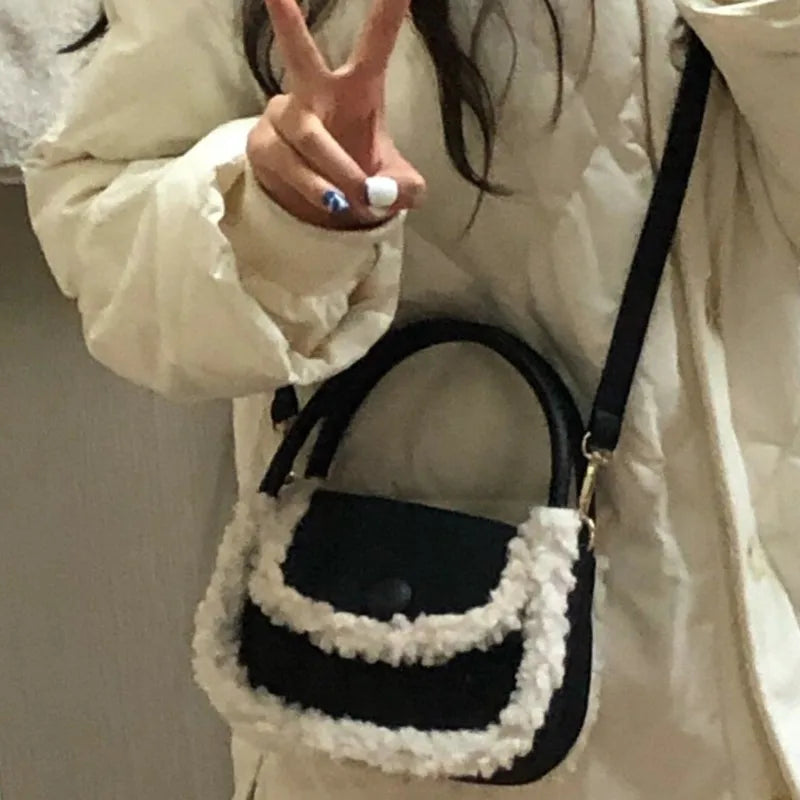 LIZAKOSHT  -  Korean Style Retro Lamb Wool Handbag Women Sweet Cute Square Crossbody Bag Ladies Christmas New Year Red Crossbody Bag