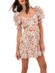 LIZAKOSHT  -  Women s Summer Floral Print Dress Short Puff  Square Neck Cutout Waist  Mini A-Line Dress