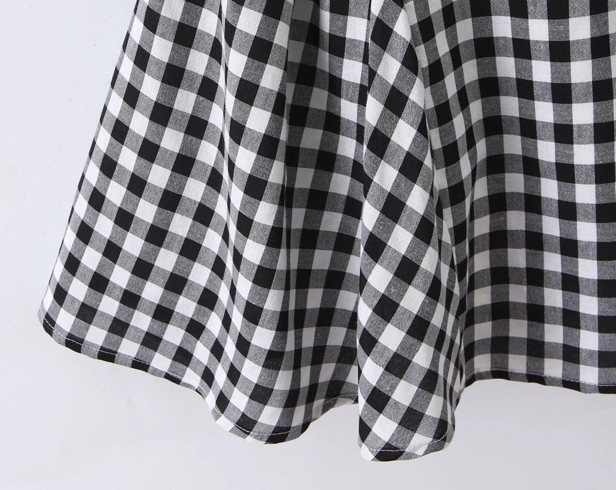 LIZAKOSHT  -  Sexy Red Gingham Plaid Mini Sleeveless Dress Women Bow O Neck Zipper Back Low Waist Ruched Hem Swing Tank Dresses Vestidos Black