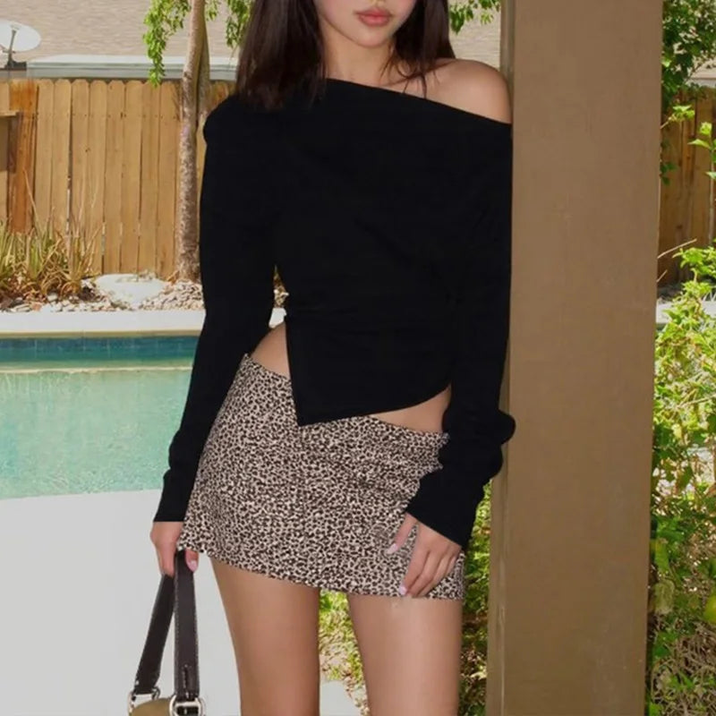 LIZAKOSHT  -  Autumn Irregular Long-sleeved Simple Diagonal Shoulder Elastic Slim Fit Split T-shirt Top Ruched Streetwear Party Clothing