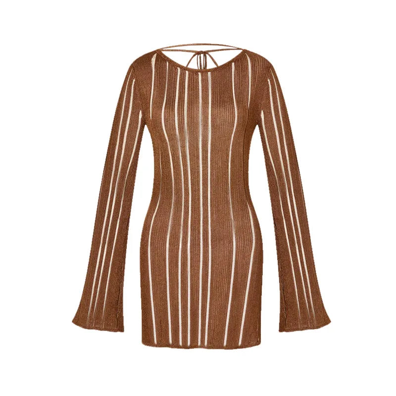 LIZAKOSHT  -  Fashion Knitted Striped Short Dress For Women O-neck Flare Sleeve Backless Lace Up Dresses 2025 Summer Chic Lady beach Vestidos