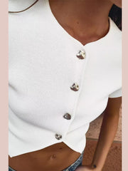 LIZAKOSHT  -  Knitted Solid Women Crop Top O-neck Short Sleeve Single Breasted Slim Tops 2024 Spring Summer New Fashion Casual Lady Sweaters