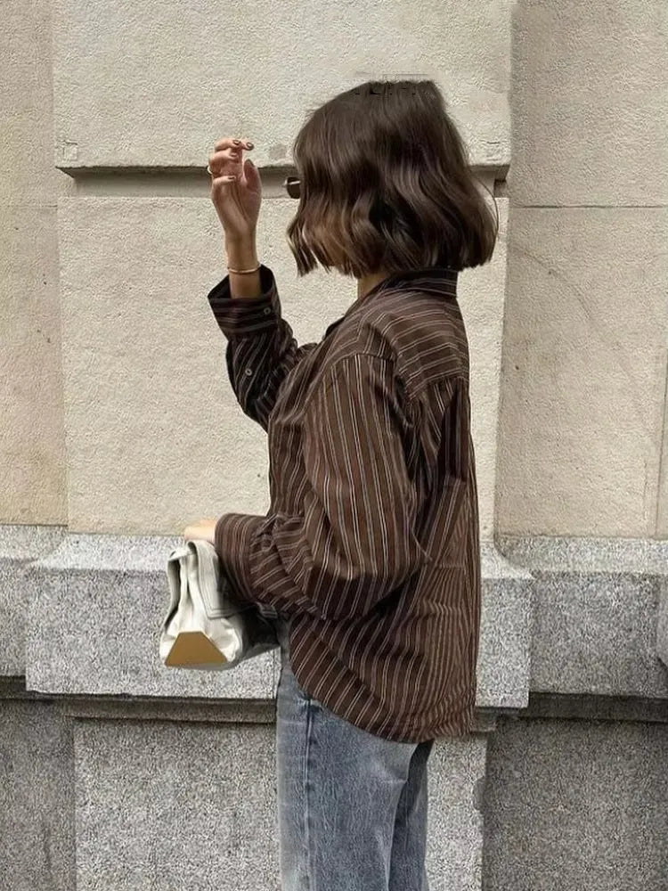 LIZAKOSHT  -  Striped Shirt Women Casual Loose Single Breasted Turn-down Collar Blouse 2025 New Summer Office Lady Simple Long Sleeve Shirts