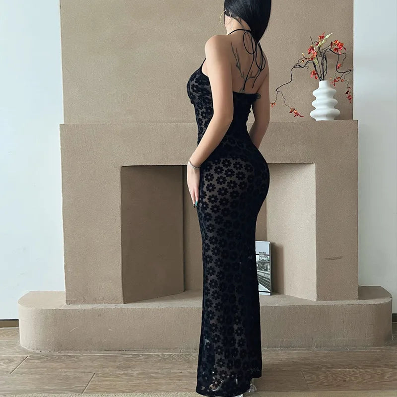 LIZAKOSHT  -  y2k Dress Women Summer Floral Print Hollow Out Spaghetti Strap Sleeveless Halter Neck Bodycon Dresses Party Dresses