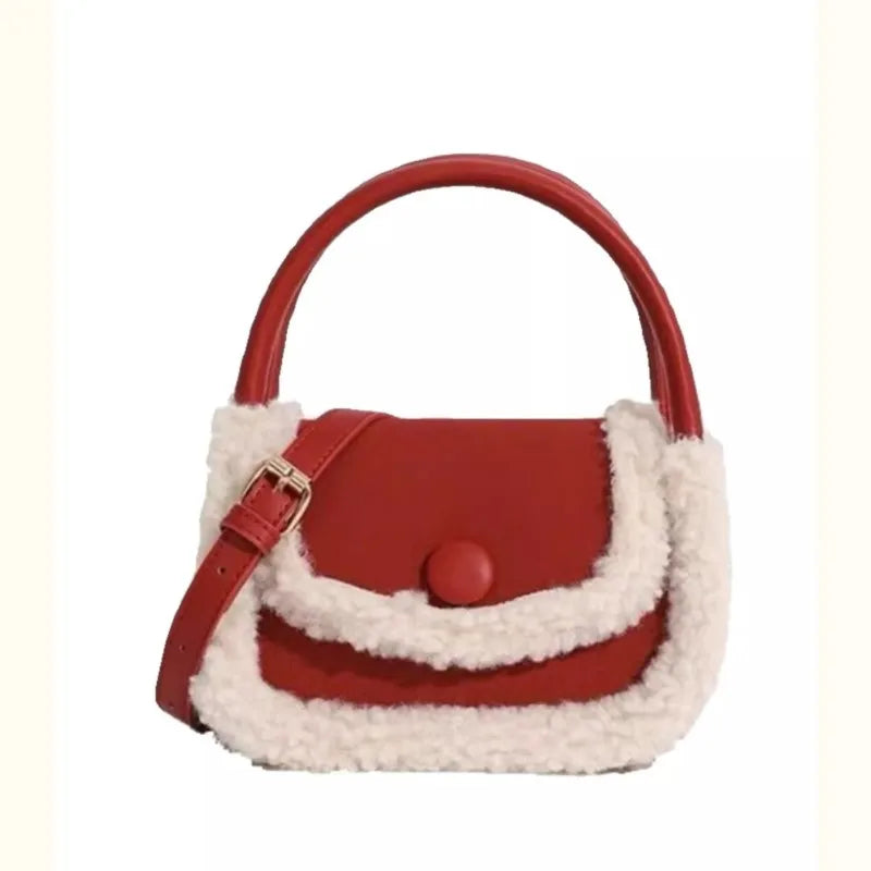 LIZAKOSHT  -  Korean Style Retro Lamb Wool Handbag Women Sweet Cute Square Crossbody Bag Ladies Christmas New Year Red Crossbody Bag