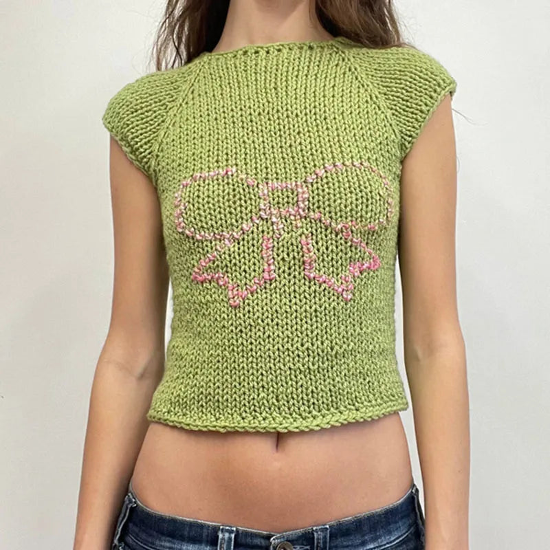 LIZAKOSHT  -  Butterfly/Bow Knit Short Sleeve Sweater Tees Aesthetic 2000s Retro Grunge T-shirt Preppy Cute Cottage Y2K Crop Tops Knitwear