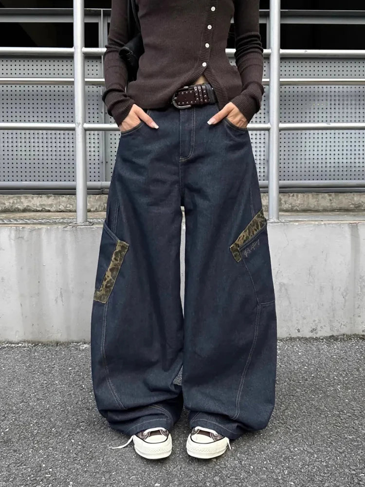 LIZAKOSHT  -  Women Streetwear Wide Leg Jeans Harajuku Camouflage Leopard Patchwork Denim Pants American Vintage Hottie Y2K Machete Trousers