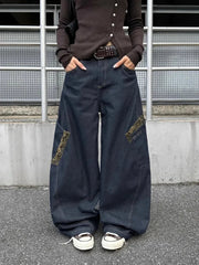 LIZAKOSHT  -  Women Streetwear Wide Leg Jeans Harajuku Camouflage Leopard Patchwork Denim Pants American Vintage Hottie Y2K Machete Trousers