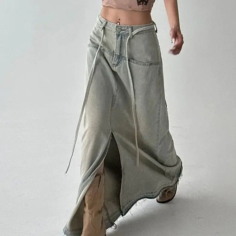 LIZAKOSHT  -  Denim Long Skirts Slit Lace Up High Waist Women Vintage Elegant Sexy Summer Streetwear Classic Y2k Girls Fashion European Style