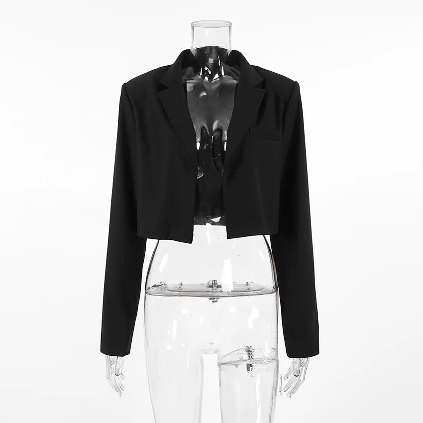 LIZAKOSHT  -  Woman Clothing Solid Black Short Blazers 2025 Autumn Office Lady Long Sleeve Cropped Tops Female Slim Outerwears Coats