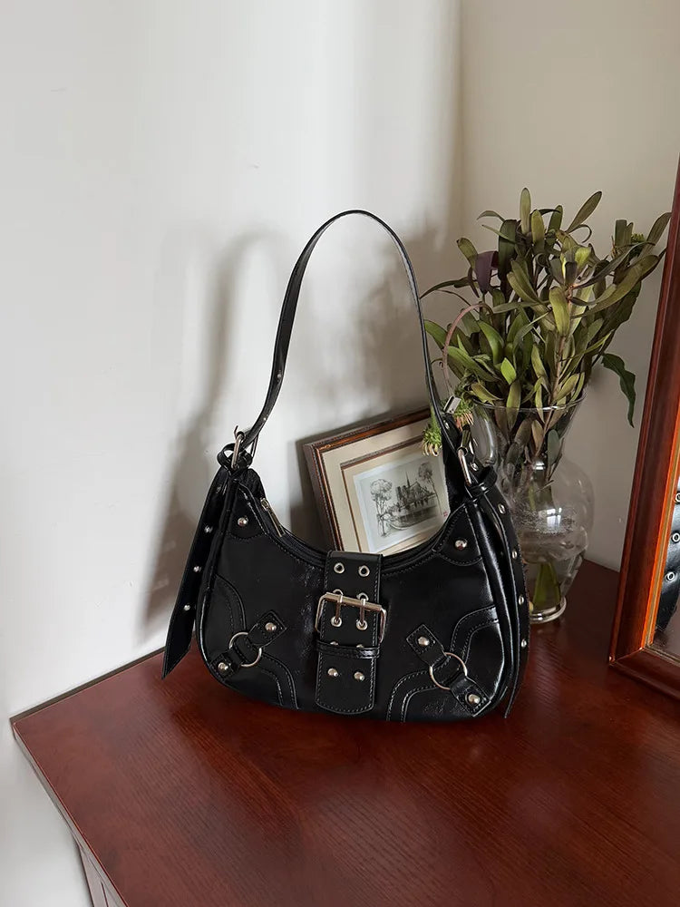 LIZAKOSHT  -  Fashion Rivets Women Armpit bag PU leather Female Shoulder messenger Bag ladies Hand bag Sac A Main black handbag bolsa totes
