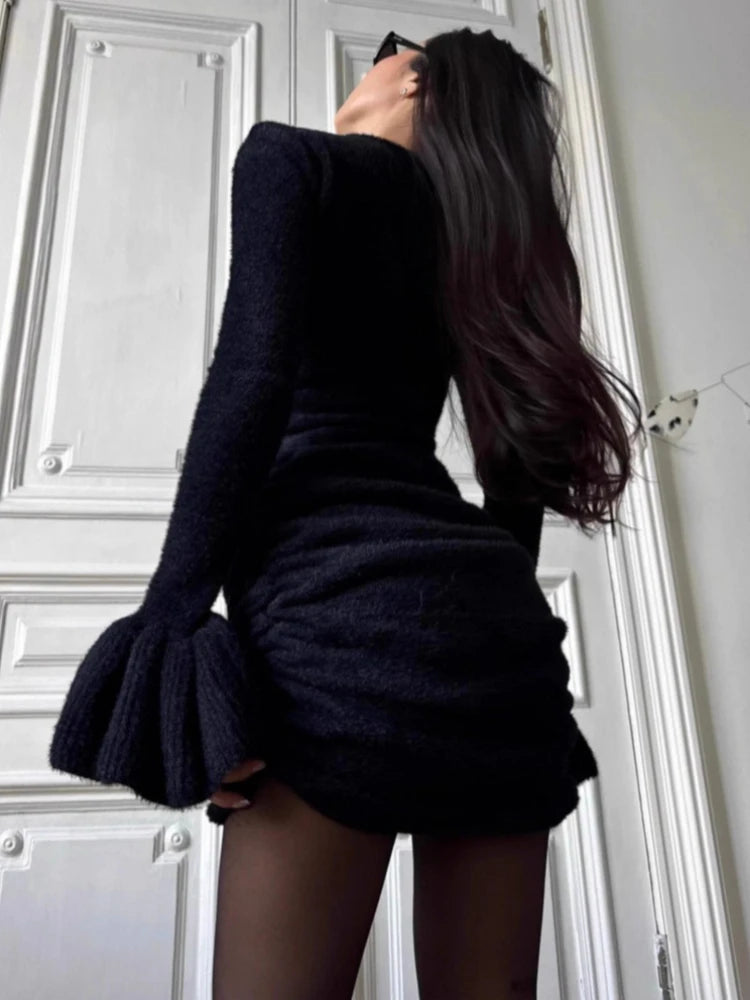 LIZAKOSHT  -  Fashion Solid Knitwear Mini Dress For  Women Slim Flare Sleeves High-Waist Pleats Streetwear Female Knitwear Bodycon Dress